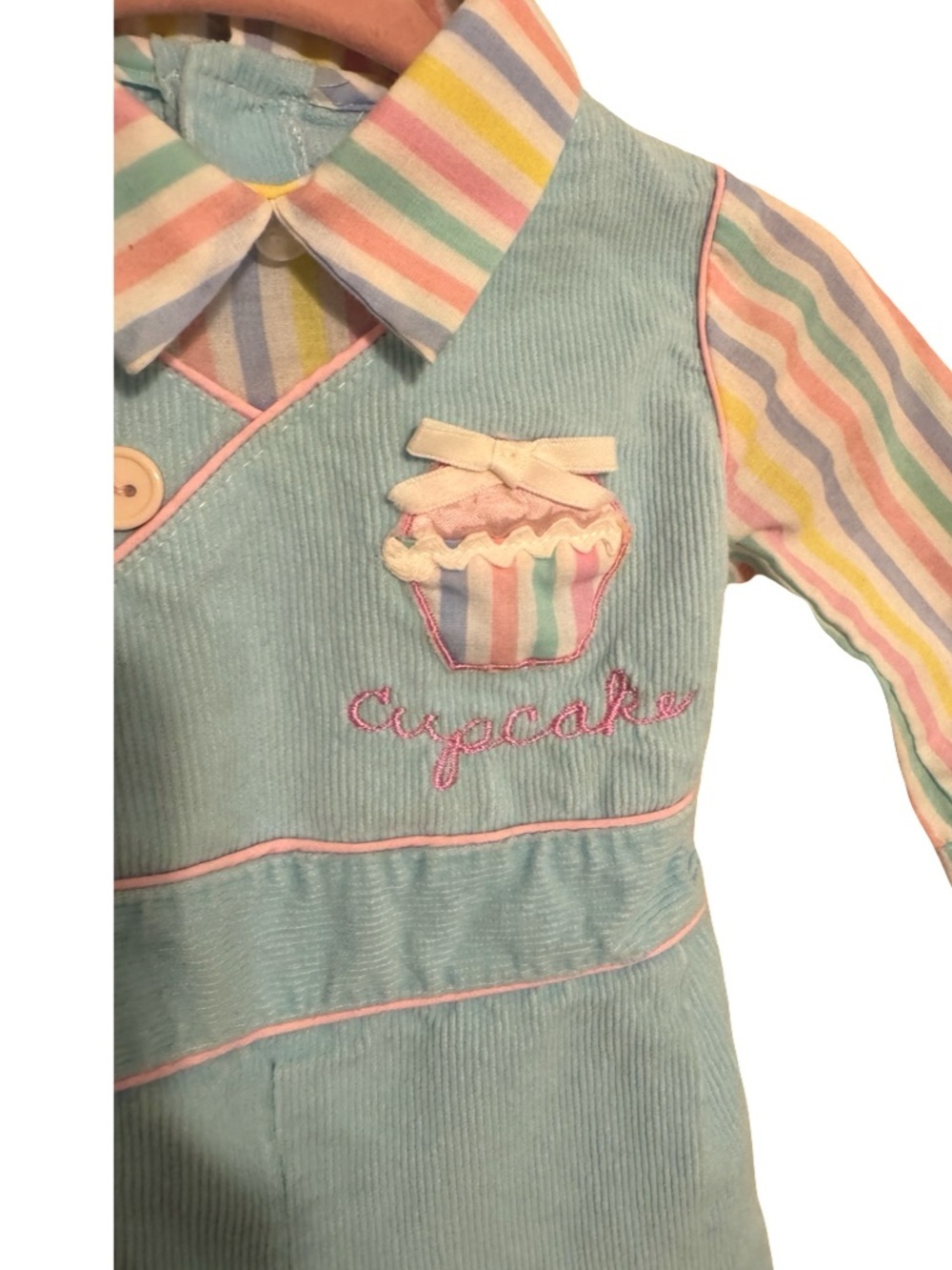 Vintage Style Baby Girls Cupcake Romper Blue Pastel Stripes Long Sleeve 0-3M? - Picture 6 of 6